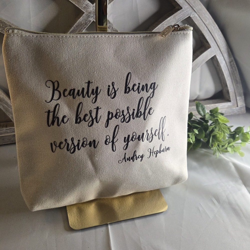 Channeling Audrey Hepburn ✨ Canvas Makeup Bag w/ Beauty Quote & Chic Lash Design